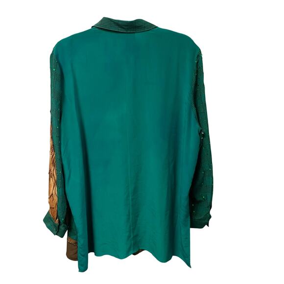 Vintage Diane Gilman Pure Silk Sequin Embellished Horse Print Button Up Green 1X - Picture 8 of 9